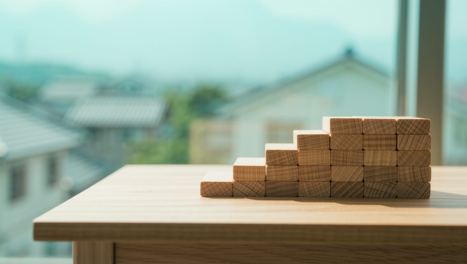 Wooden blocks stacked like steps on a sunlit table