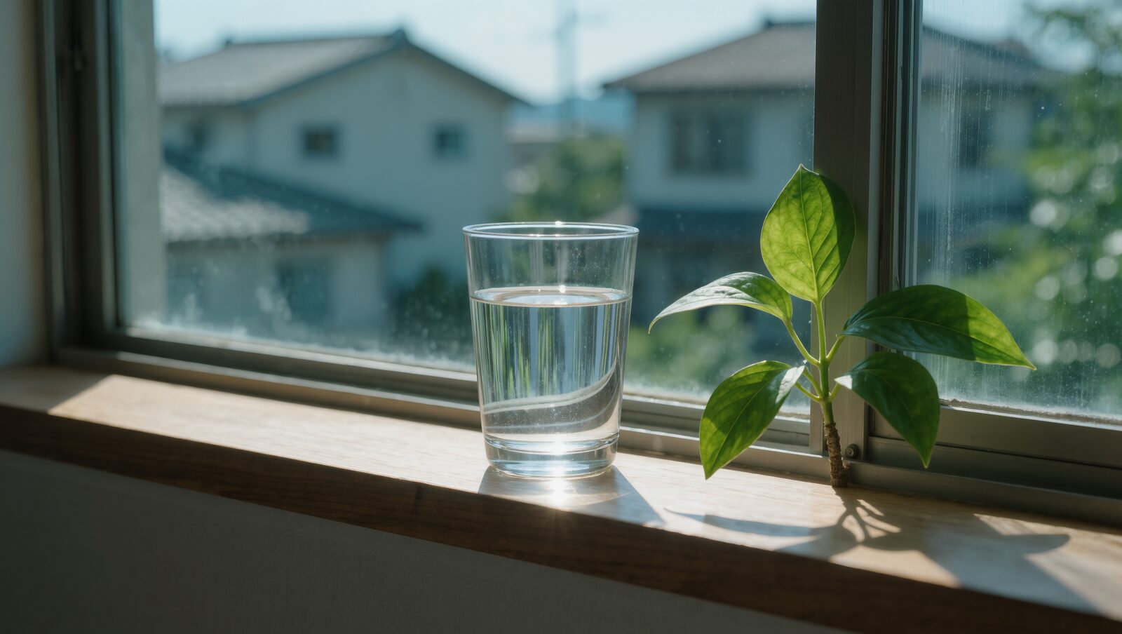 Glass of water and a green plant on a sunny windowsill