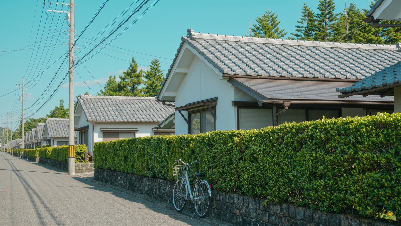 Bicycle by a green hedge on a quiet Japanese suburban lane